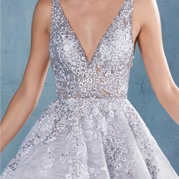 V-neck Lace Ballgown With Criss Cross Back ALA0964 - Picture 3 of 5